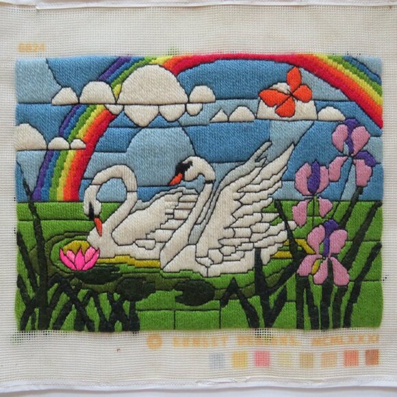 Swans Rainbow Orchids Clouds Vintage Long Stitch Embroidery Completed Tapestry - Picture 2 of 5